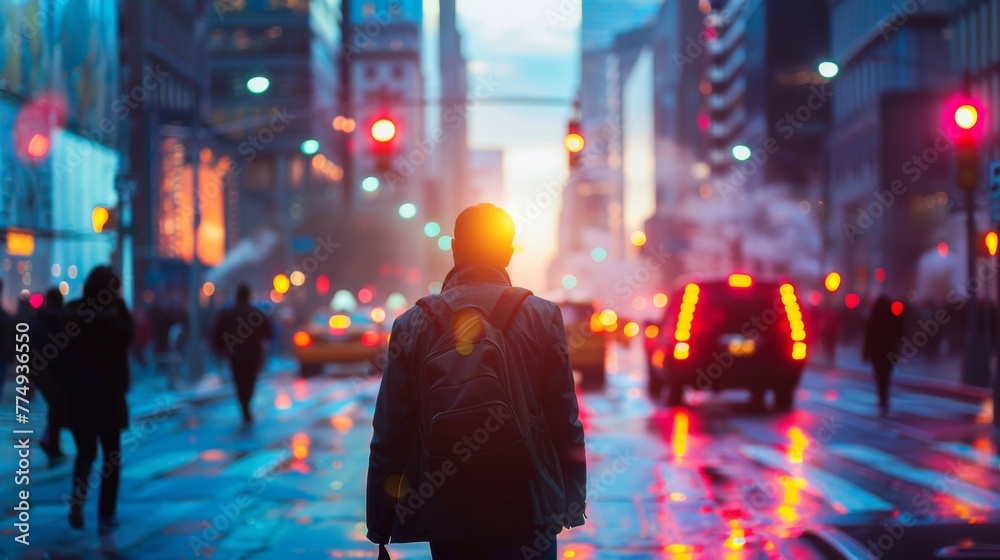A man walking down a busy city street with cars and people, AI