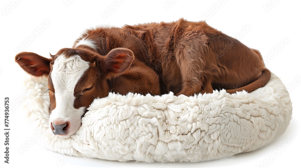 Naklejka premium cow sleeping in a Fluffy Bed