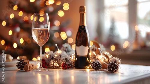 Wallpaper Mural Elegant Christmas celebration table with champagne glass, bottle, and festive decorations against a bokeh light background. Torontodigital.ca