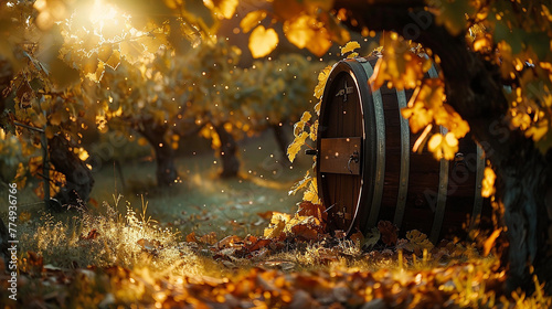 Sunlight filtering through the leaves, casting warm hues on the barrel abode.