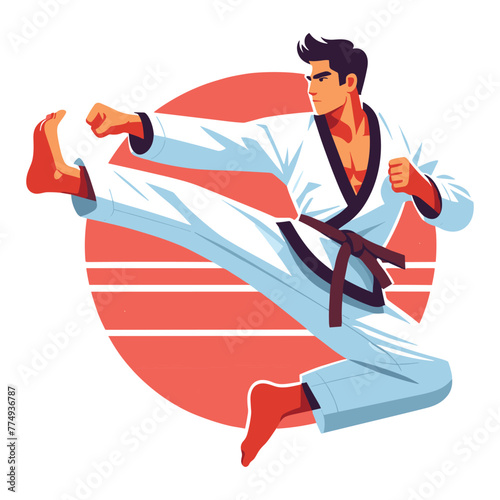 Man taekwondo athlete full body design illustration, male taekwondo martial art player, fight sport, kicking attack technique. design template isolated on white background