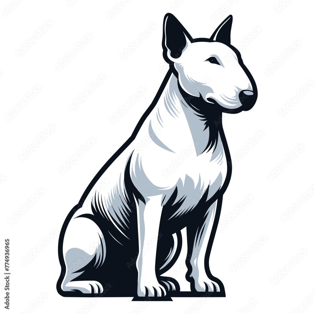 Bull terrier dog full body vector illustration, cute adorable funny pet animal, sitting purebred dog concept design template isolated on white background
