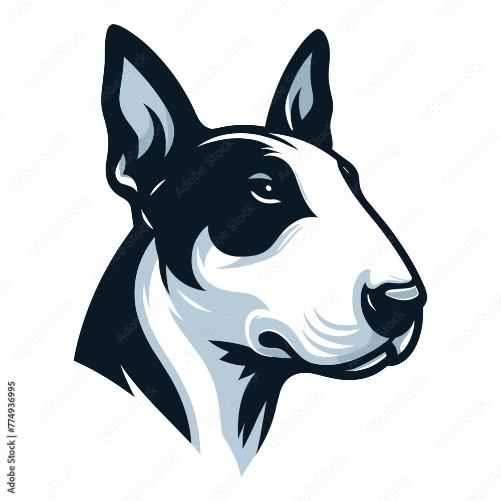 Bull terrier dog head face design illustration, cute adorable funny pet animal, dog head concept vector template isolated on white background