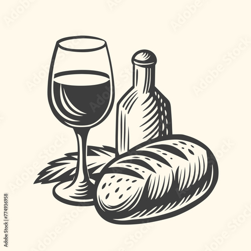 Holy communion line icon. Goblet and bread linear style. Bread and wine bottle cup. Symbol. Vector graphics
