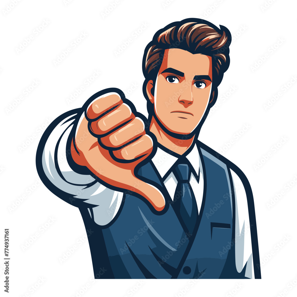 Man showing thumbs down design illustration, unhappy male gesturing dislike, disapproval sign, negative expression, disagreement. vector template isolated on white background Man showing thumbs down design illustration, unhappy male gesturing dislike, disapproval sign, negative expression, disagreement. vector template isolated on white background