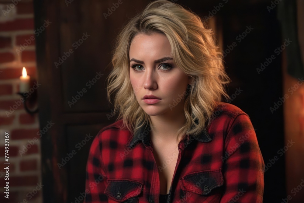 Beautiful blonde curly hair girl in a red plaid flannel shirt with cleavage in an old house at night by candlelight. Generative AI