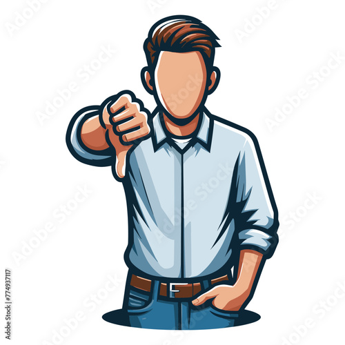 Man showing thumbs down design illustration, unhappy male gesturing dislike, disapproval sign, negative expression, disagreement. vector template isolated on white background