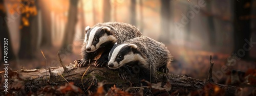 Beautiful badgers in autumn forest outdoor wild nature background. Animals and wildlife panoramic web banner. Generated with AI.