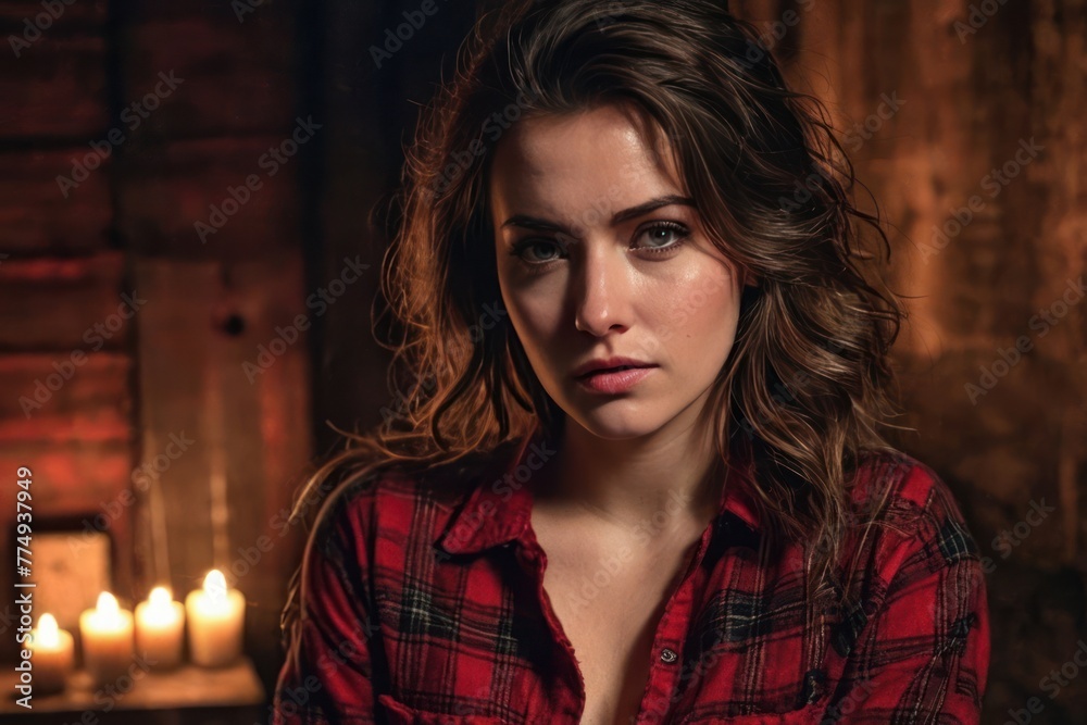 A beautiful girl in a red plaid flannel shirt with cleavage in an old ...