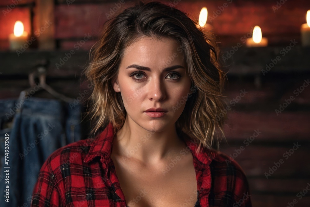 A beautiful girl in a red plaid flannel shirt with cleavage in an old house at night by candlelight. Generative AI