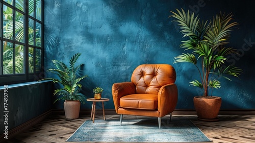 A cozy living room with a well-worn leather armchair positioned against a dark blue accent wall. photo