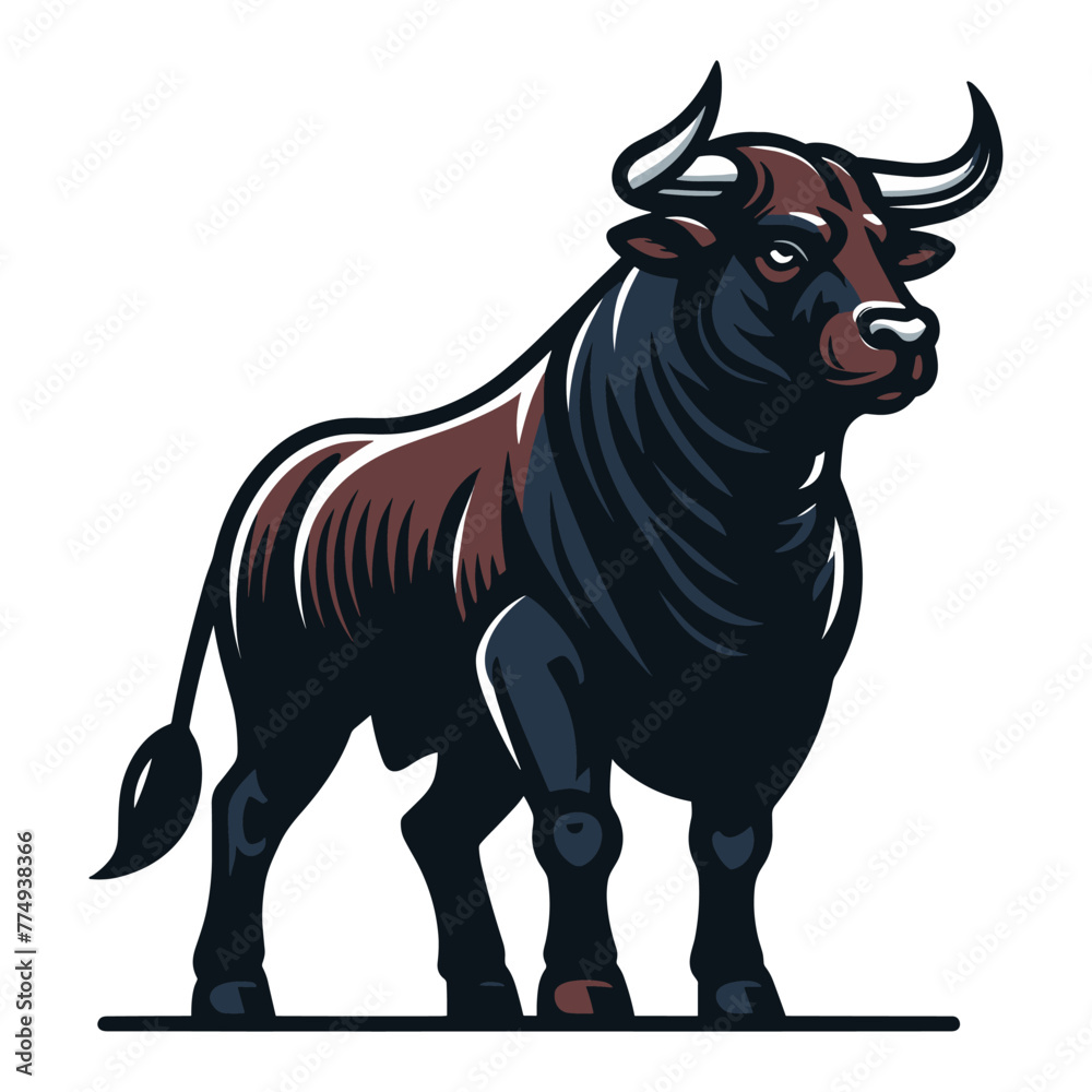 Fototapeta premium Strong bull full body vector mascot illustration, angry horned bull concept, farm animal or butcher shop graphic template, design isolated on white background