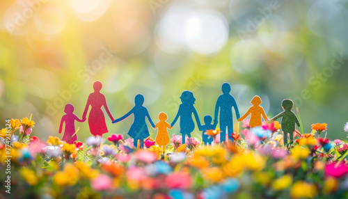 Colorful paper cutout of a family holding hands in a field of flowers with a bright, bokeh background, concept for the International Day of Families