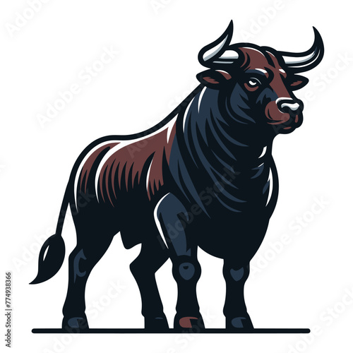 Strong bull full body vector mascot illustration, angry horned bull concept, farm animal or butcher shop graphic template, design isolated on white background © lartestudio