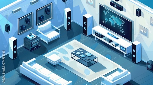 Illustrate an isometric view of a home theater room 