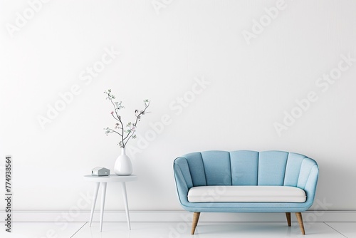 a blue couch next to a white table
