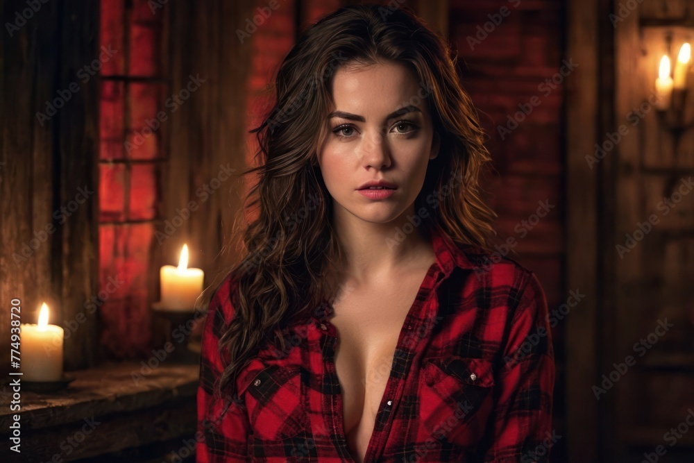 A beautiful blonde girl in a red plaid flannel shirt with cleavage in an old house at night by candlelight. Generative AI