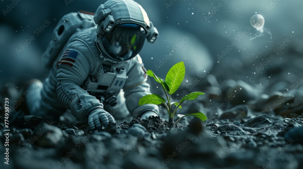 Fototapeta premium Astronaut with green plant on another planet