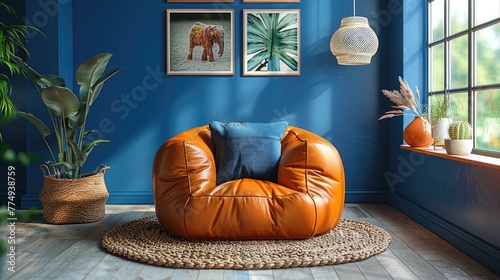 A child's playroom featuring a playful leather armchair positioned on a dark blue accent wall. photo
