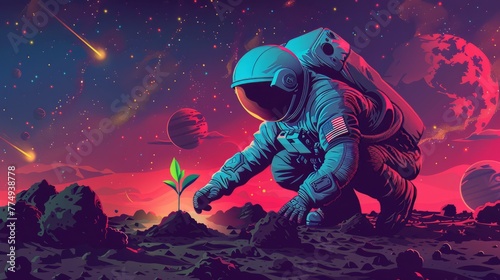 Astronaut in the outer space with a plant.