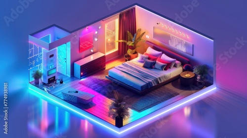 Present an isometric model of a smart bedroom