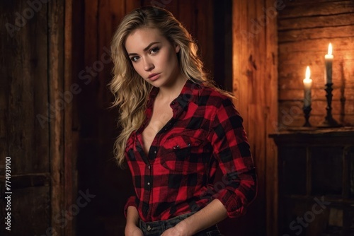 A beautiful blonde girl in a red plaid flannel shirt with cleavage in an old house at night by candlelight. Generative AI © Vitaliy