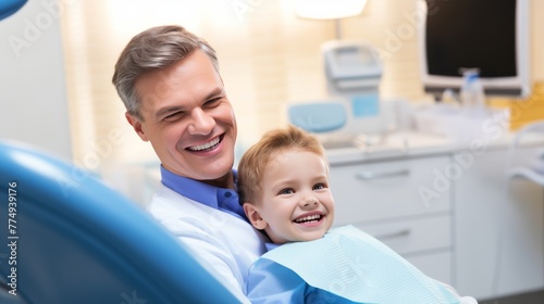 Smiling child visits dentist expert in dental healthcare and medicine 