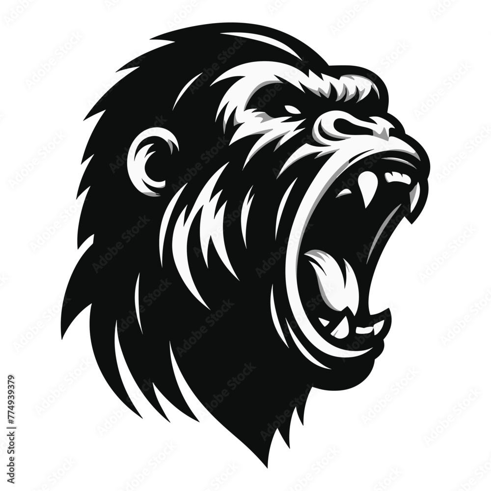Wild angry gorilla head face design illustration, roaring strong big ape logo mascot, primate animal zoology element illustration, vector template isolated on white background