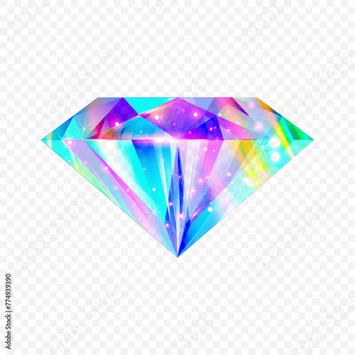 Luxirious vector diamond with rainbow color tints isolated on transparent background.