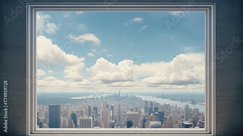 Looking through window flying high above cityscape panoramic urban skyline 