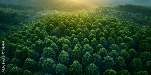 Aerial Perspective of Reforestation Areas Signifying Positive Climate Change Initiatives. Concept Aerial Photography, Reforestation Areas, Positive Climate Change Initiatives, Nature Conservation photo