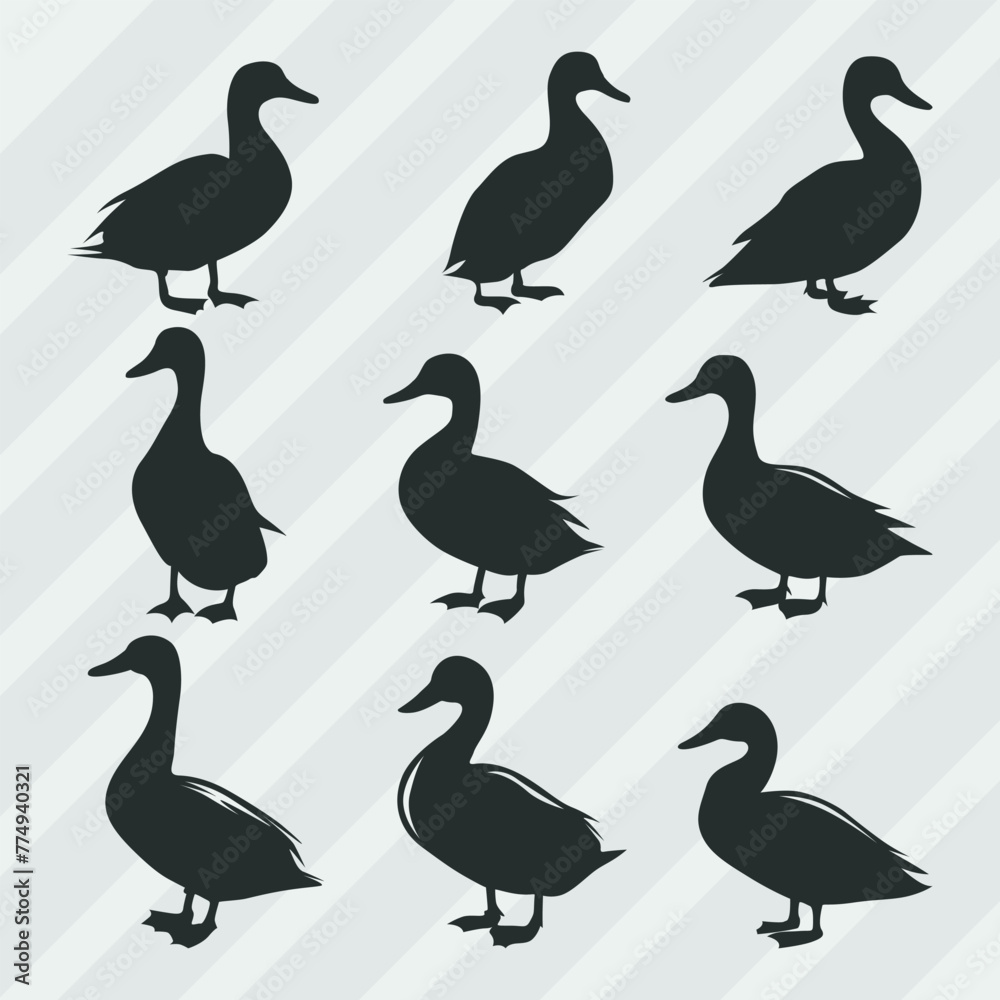 Duck vector silhouettes bundle, Set of various pose duck collection Duck vector silhouettes bundle, Set of various pose duck collection
