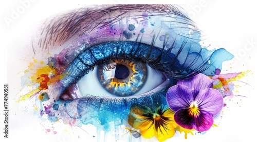 Blue eye with flowers on white background.
