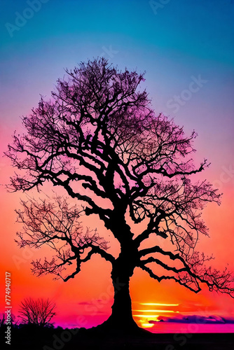 Silhouetted Silhouettes. Alone tree against the vibrant sunset sky