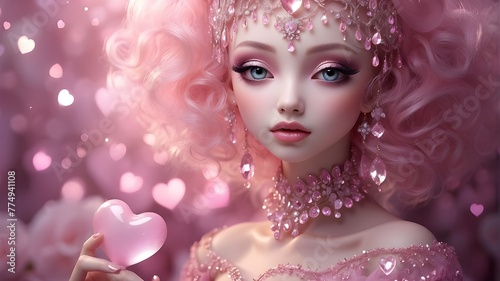  Radiant Love Pink Glittering Hearts in Romantic Ambiance, featuring two pink hearts adorned with sparkling glitter and dewdrops, portrayed in a dreamy surrealism style with inspiration drawn from fan
