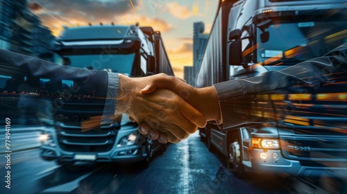 Business cooperation shaking hands on truck background represents cooperation