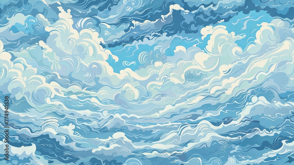 Tranquil sea horizon with sky in fluffy clouds in sky. Turbulent ocean waves with intricate patterns and variety of blues. Vintage style fantasy illustration. Concept of travelling, anime culture. Ad