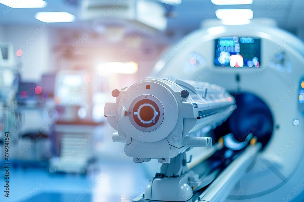 Advanced medical imaging machine in hospital lab, CT or MRI scanner, healthcare technology banner