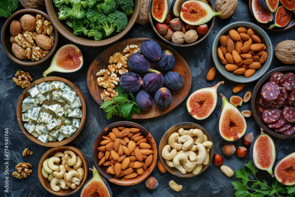 Assorted Nuts, Figs, and Cheese Platter Overhead View Assorted Nuts, Figs, and Cheese Platter Overhead View