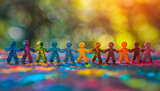 Colorful plasticine human figures holding hands on a vibrant background, symbolizing unity and diversity, concept for the International Day of Living Together in Peace