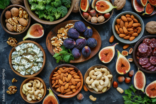 Assorted Nuts, Figs, and Cheese Platter Overhead View