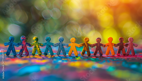 Colorful plasticine human figures holding hands on a vibrant background, symbolizing unity and diversity, concept for the International Day of Living Together in Peace photo