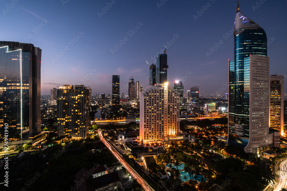 Jakarta, Indonesia: Aerial view of the twilight over Jakarta business and financial district in Jakarta, Indonesia capital city in Southeast Asia