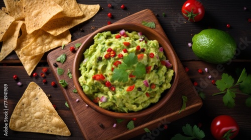 Fresh guacamole and crispy tortilla chips on a wooden table