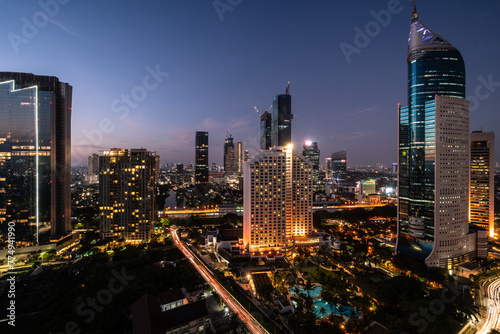 Obraz na płótnie Jakarta, Indonesia: Aerial view of the twilight over Jakarta business and financial district in Jakarta, Indonesia capital city in Southeast Asia w salonie