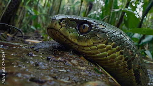 Closeup picture of the Ceylon green pit viper Craspedocephalus trigonocephalus © vytautas