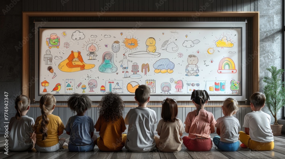 Interactive mockup wall on a white wall, offering endless opportunities for children to play and learn. Interactive mockup wall on a white wall, offering endless opportunities for children to play and learn.