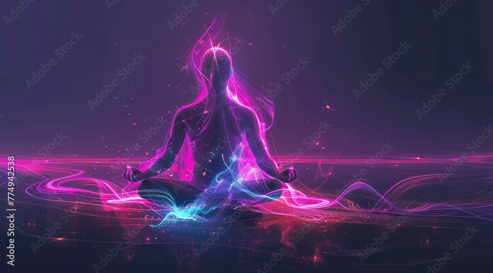 Woman in yoga pose with glowing lines and particles