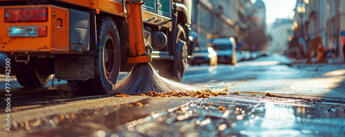 Street sweeping vehicle in the city photo