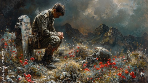 A classic oil painting of a soldier kneeling at the grave of a fallen comrade, their head bowed in silent reverence. photo
